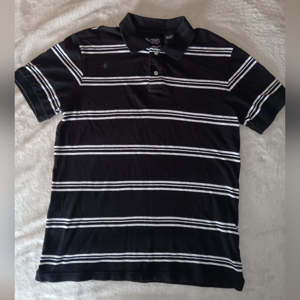 Mens Chaps Small 100% Cotton POLO Shirt. Black with White stripes.